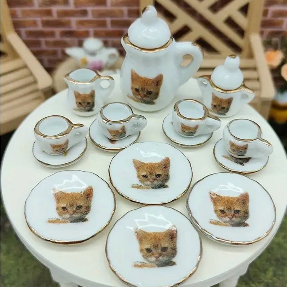 Miniature Tea Set Cat Pattern Dollhouse Kitchenware Ceramic‎ New